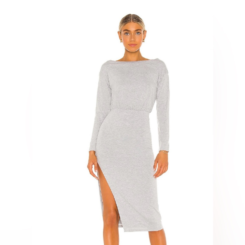 Lovers and Friends LALLI MIDI DRESS Grey Long Sleeve Side Slit Dress